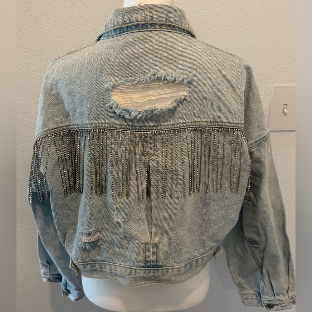 NWOT 12th Tribe Cropped Denim Jacket with Rhinestone Trim Detail